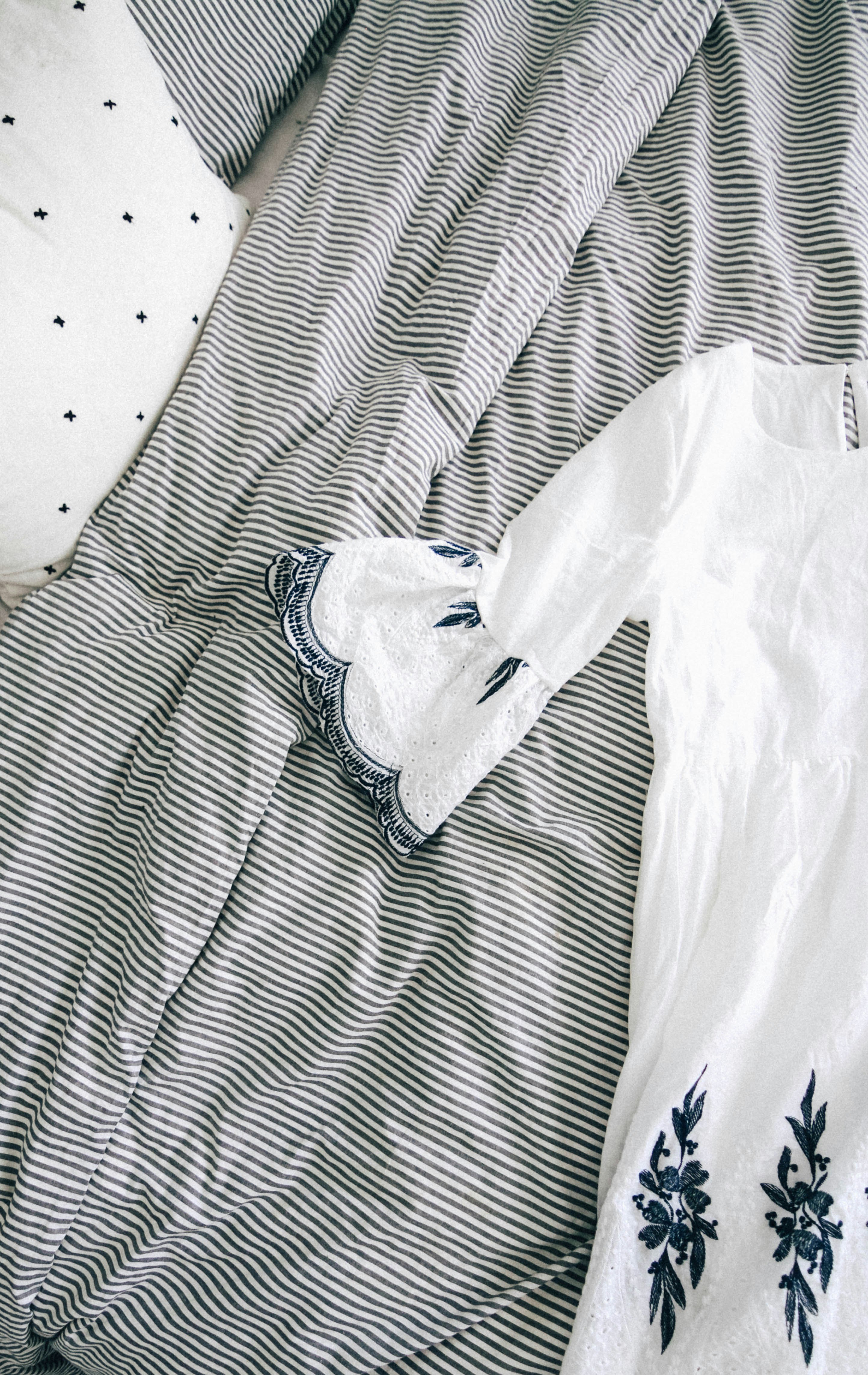 white and blue floral dress